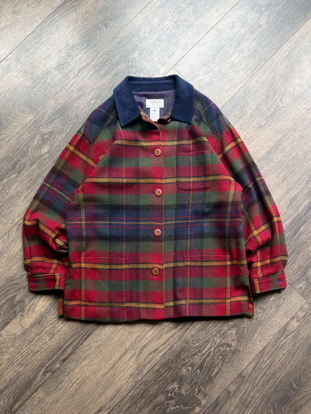 Talbots Women’s Medium Wool Plaid Barn Chore Coat Corduroy Collar Vintage